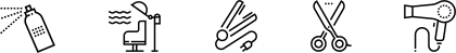 Symbole für Friseur: Haarspray, Frisierstuhl, Rasiermesser, Schere, Föhn