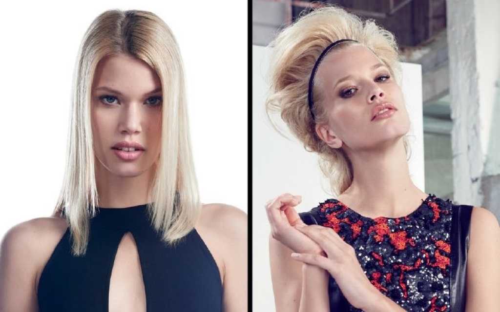 Zwei blonde Frauen mit verschiedenen Frisuren: glatt und hochgesteckt