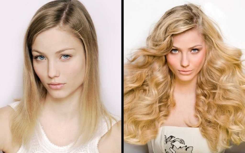 Vorher-Nachher-Vergleich: glatte und lockige blonde Haare einer Frau