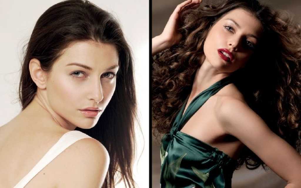 Zwei Porträtfotos einer brünetten Frau – natürlich und im glamourösen Look