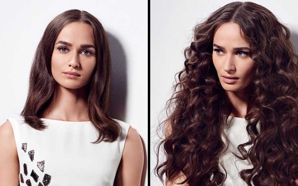Frau mit glattem Haar im Vorher-Nachher-Vergleich mit voluminösen Locken