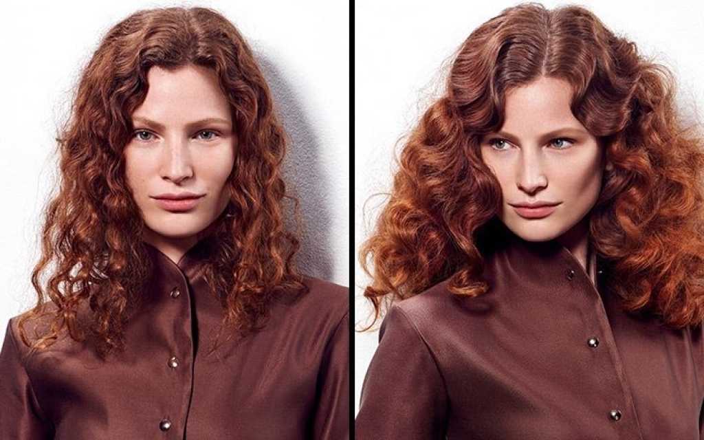 Vorher-Nachher-Vergleich einer Frau mit roten Locken, gestylt und ungestylt