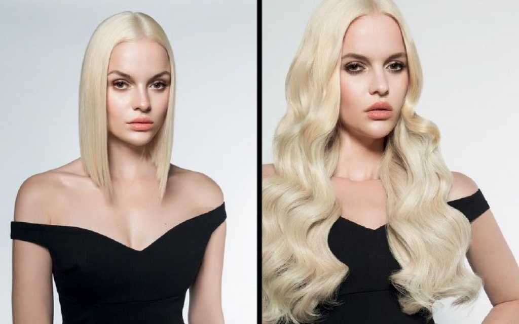 Frau mit blonden Haaren: kurz und glatt vs. lang und wellig im Vergleich